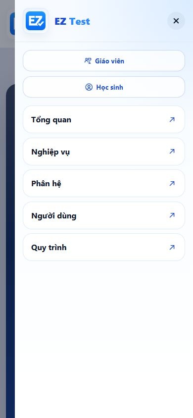 Ảnh chụp giao diện trang chủ EZTest trên điện thoại, menu đang mở để chọn Học sinh.