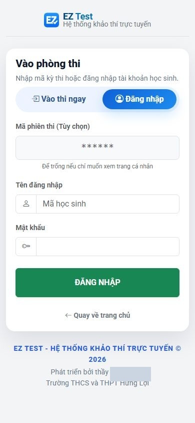 Màn hình đăng nhập học sinh trên điện thoại để vào trang cá nhân.