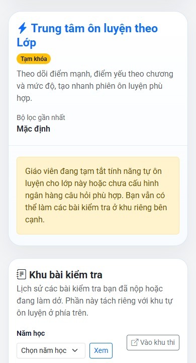 Trang cá nhân học sinh trên điện thoại: ôn luyện tạm khóa khi chưa có lớp hoặc cấu hình phù hợp trong năm học hiện hành.