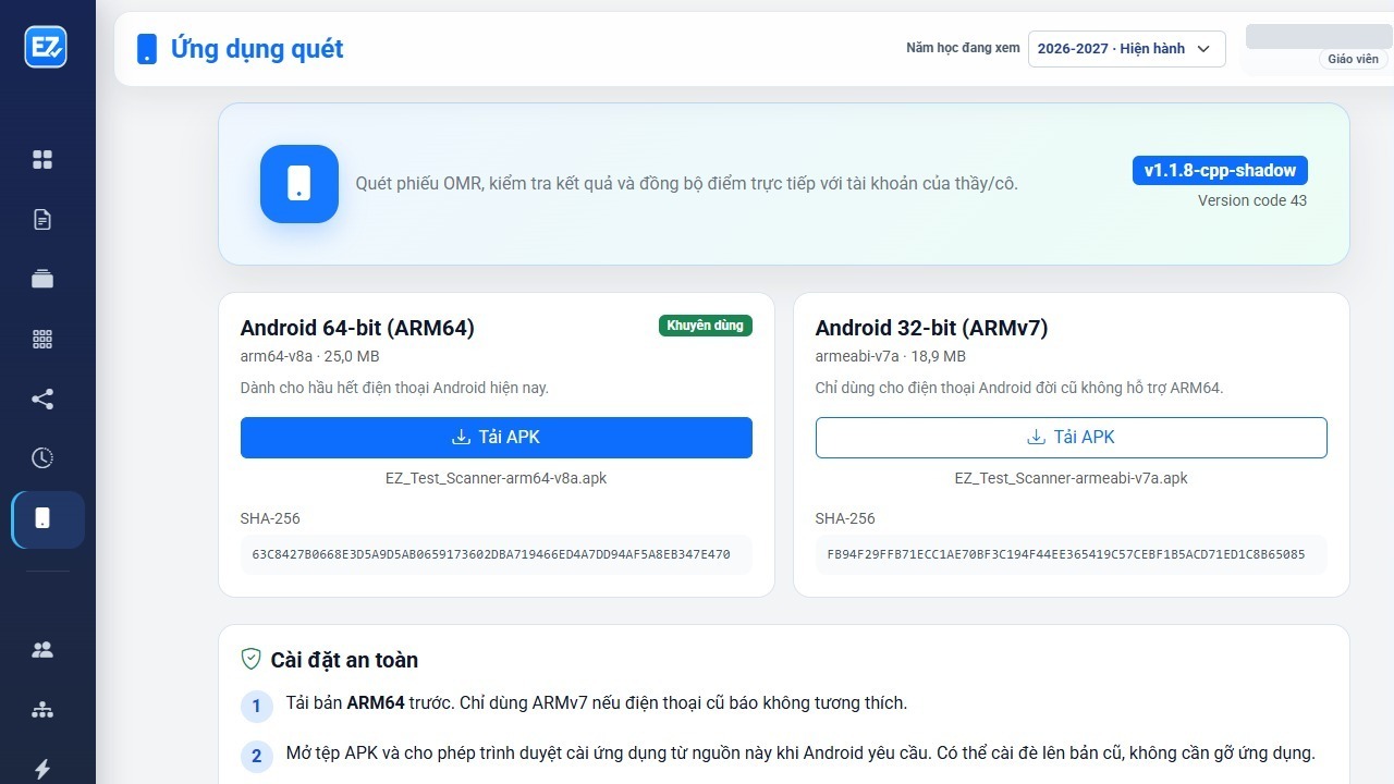 Trang tải ứng dụng quét chính thức trong tài khoản giáo viên, gồm ARM64/ARMv7 và hướng dẫn cài đặt. Phiên bản trong ảnh là tại thời điểm chụp; kiểm tra bản hiện có trên trang trước khi tải.