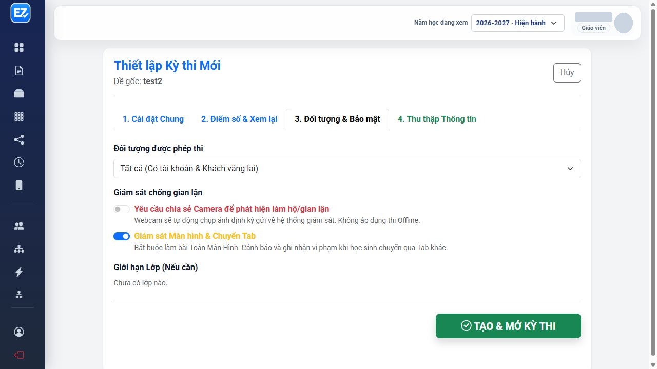 Ảnh chụp tab Đối tượng & Bảo mật; tên giáo viên đã được che.